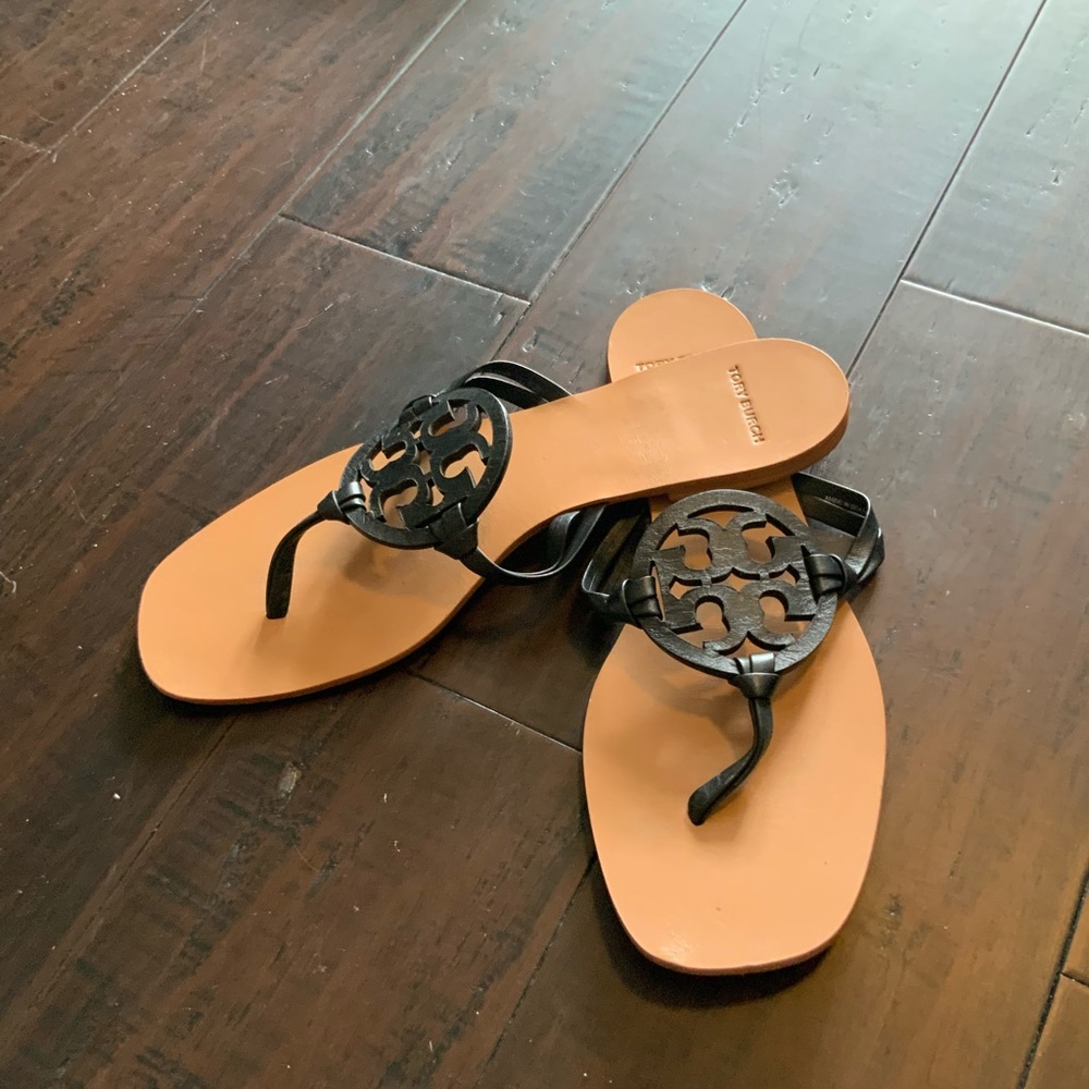 Tory Burch Black and Tan Sandals with Logo Emblem
